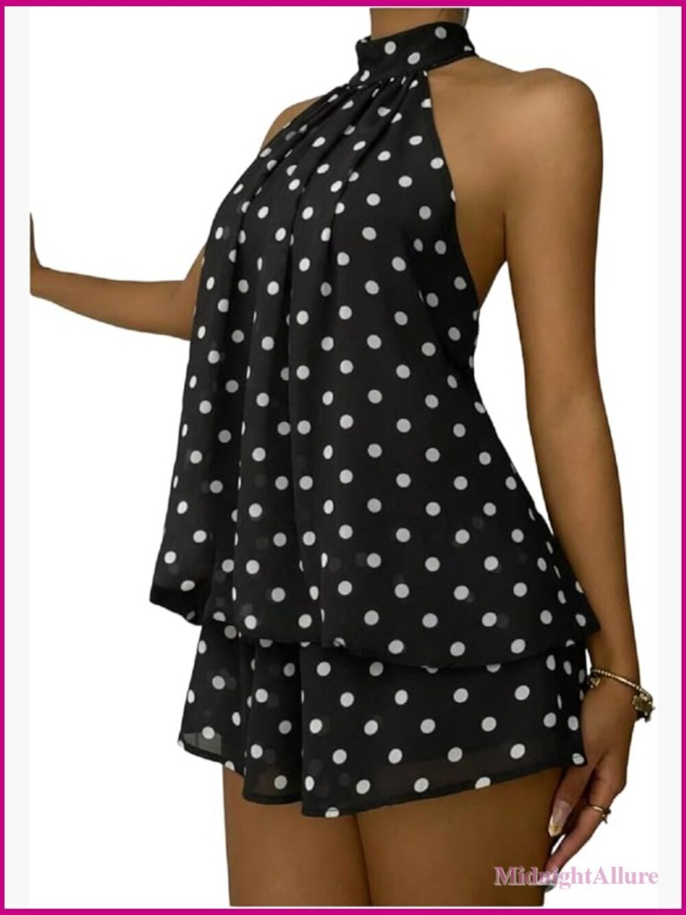 Polka Dot Ruffle Halter Mini Dress Open Back Chiffon Flowy Summer Party
